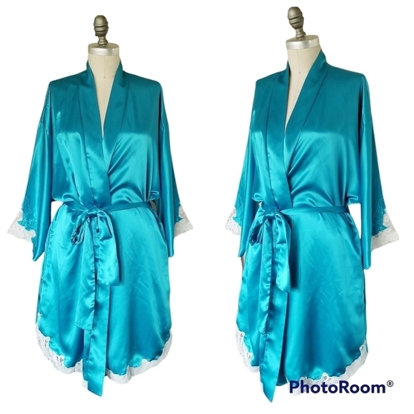 NATORI Vintage Satin Lace Trim Embroidered Sleeves Short Robe M - Picture 1 of 12